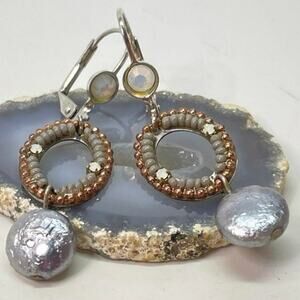 Israeli Designer Adaya Beaded Drop Earrings Gray Coin Pearl Opal Boho Artisan